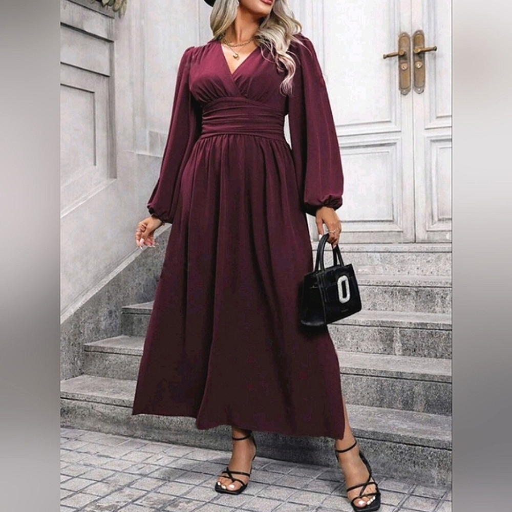 NEW Chic Ruched Waist Lantern Sleeve Maxi Dress PLUS Burgundy Wine Red Purple - Picture 1 of 10
